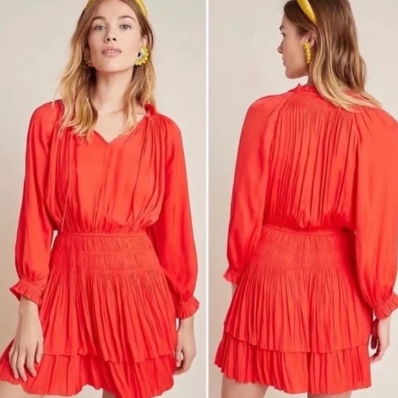 Anthropologie Current Air Poppy Red Smocked Tiered Ruffle Mini Dress Sz M - Picture 1 of 8